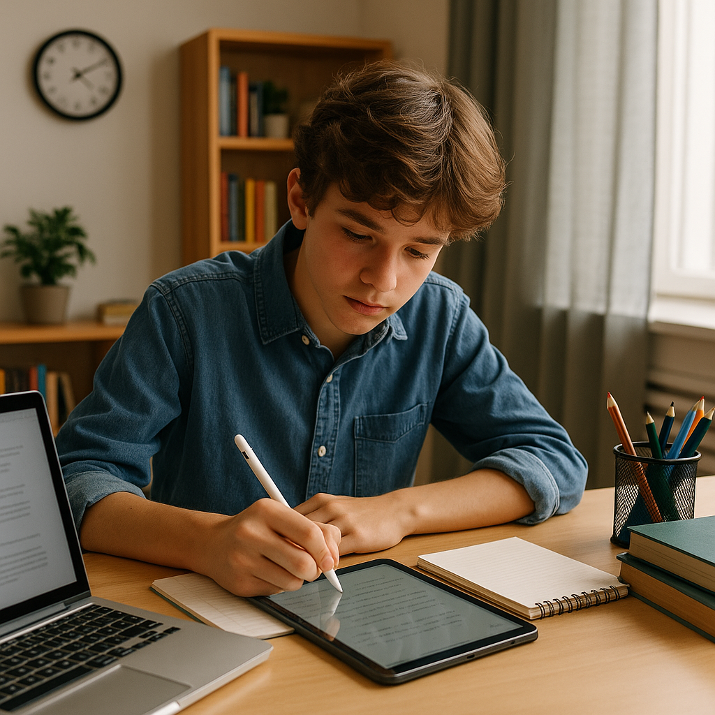Adolescente com cabelo castanho claro, vestindo camisa jeans, estuda com concentração usando um tablet e caneta digital. Ao seu redor, um notebook aberto, livros e um ambiente bem iluminado por luz natural com prateleiras ao fundo completam o espaço tecnológico e organizado.