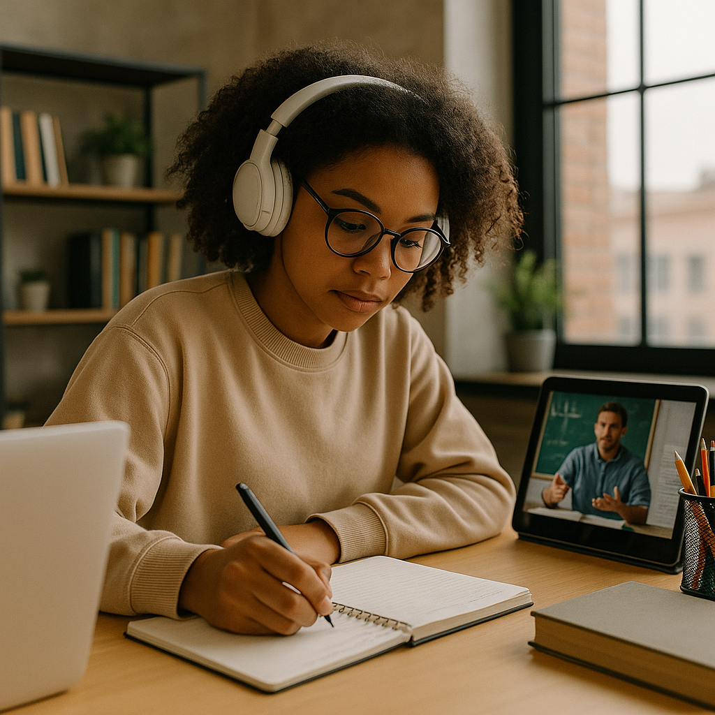 Jovem mulher com cabelo cacheado, óculos redondos e fones de ouvido brancos, escreve em um caderno enquanto assiste a uma videoaula em um tablet. Ela está em um espaço moderno com estante de livros, plantas e iluminação natural abundante.