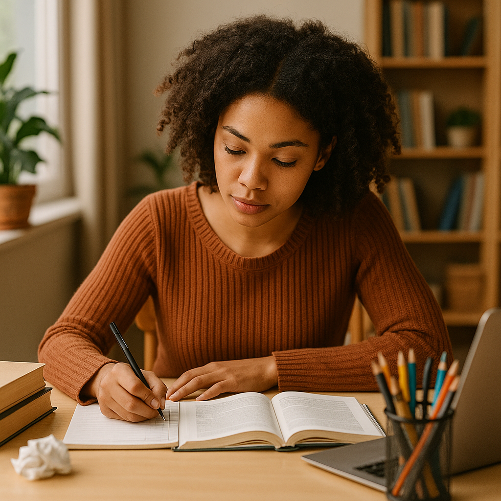 Jovem mulher negra com cabelo crespo e volumoso, vestindo suéter terracota, estuda com atenção em um ambiente acolhedor, com livros, caderno e notebook organizados sobre a mesa, ao lado de uma janela com luz natural.