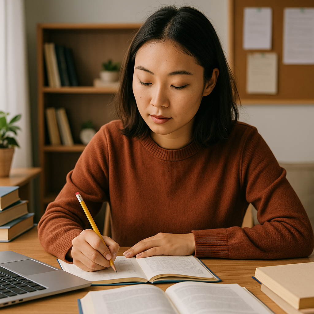 Jovem mulher asiática de cabelos castanhos na altura dos ombros, escrevendo com atenção em um caderno aberto sobre uma mesa de madeira, rodeada por livros, notebook e materiais de estudo, em um ambiente iluminado por luz natural com plantas e prateleiras ao fundo.