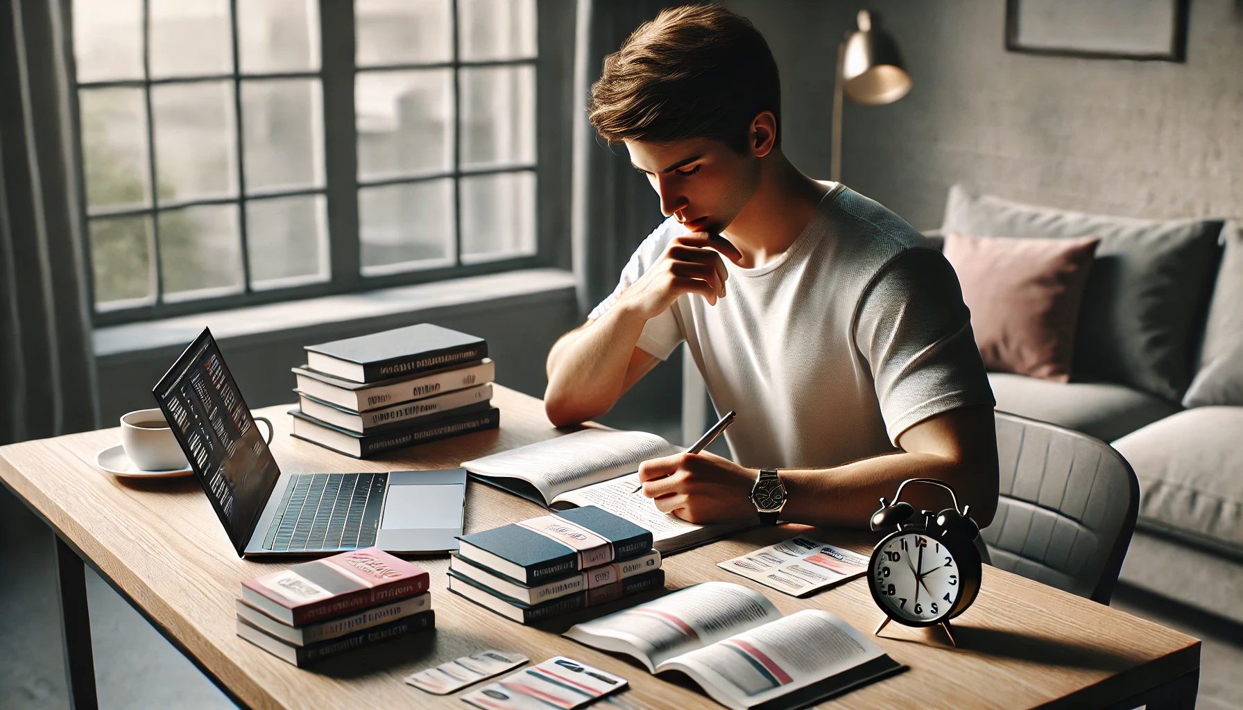 Jovem estudando em um ambiente bem iluminado, cercado por livros, anotações, um notebook e um despertador, enquanto escreve concentrado em um caderno.