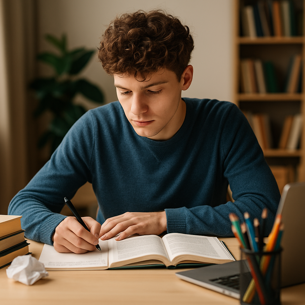 Jovem homem branco com cabelos castanhos cacheados, concentrado enquanto escreve em um caderno em sua mesa de estudos, cercado por livros, laptop e porta-lápis, em um ambiente iluminado com estante e plantas ao fundo.
