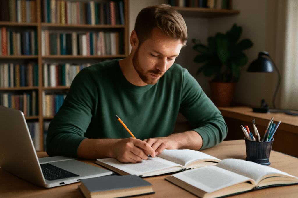 Homem jovem, com cabelos curtos e barba leve, concentrado enquanto escreve em um caderno sobre uma mesa de estudo. Ao lado dele, estão livros abertos, um laptop e canetas, em um ambiente bem iluminado com estantes ao fundo e plantas decorativas, criando um espaço adequado para aprendizagem autodidata.
