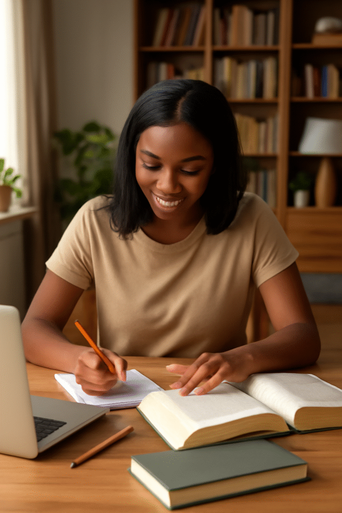 Mulher jovem com cabelo não muito longo, sorrindo enquanto escreve em um caderno sobre uma mesa organizada, com livros abertos, canetas, e um notebook. O ambiente de estudo é bem iluminado por luz natural, com estantes e plantas ao fundo, criando um espaço acolhedor e focado para aprendizagem autodidata.