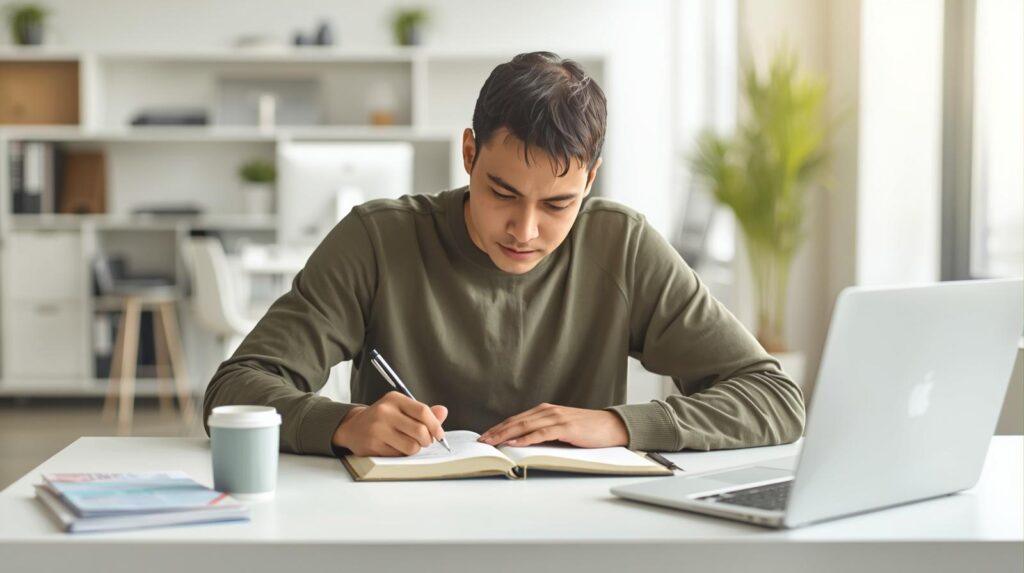 Homem jovem em café, caderno aberto, escrevendo — retomada da concentração nos estudos