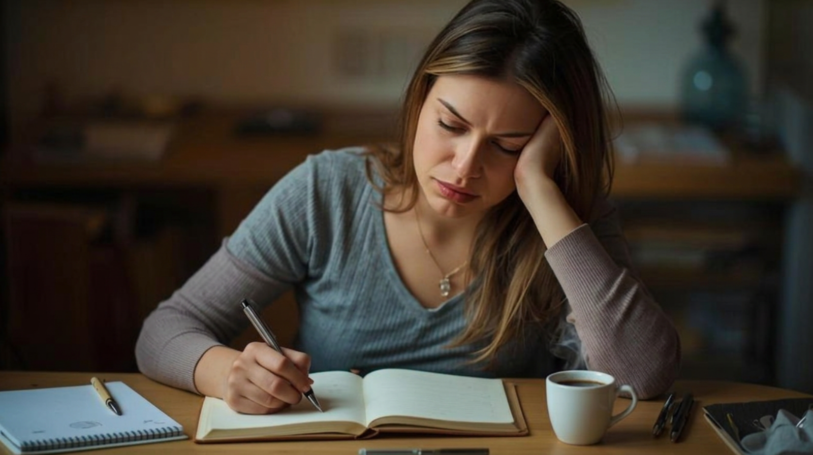 Mulher adulta estudando à mesa, apoiando a cabeça enquanto escreve no caderno, com xícara ao lado — manter o foco nos estudos