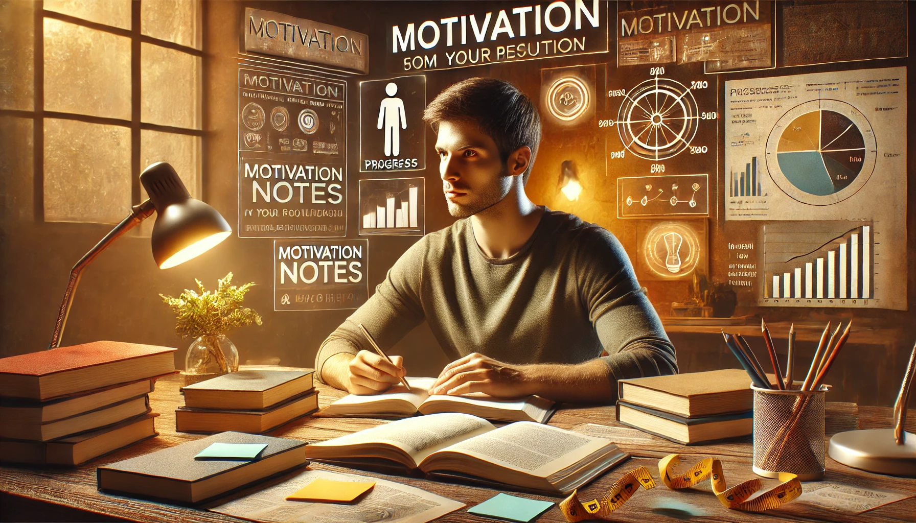 Um jovem estudante sentado à mesa de estudo com livros, anotações e um ambiente iluminado por uma lâmpada. Ao fundo, gráficos e elementos visuais sobre motivação e progresso estão projetados, criando um espaço dinâmico para o aprendizado.
