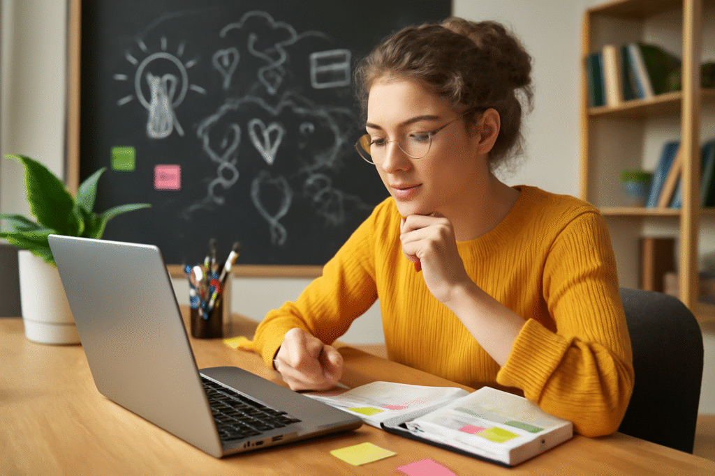 Uma jovem mulher de pele clara e cabelo encaracolado, com uma expressão focada, está sentada em uma mesa de estudo. Ela usa fones de ouvido e escreve em um caderno, enquanto um laptop está aberto à sua frente. O ambiente está bem iluminado, com uma decoração simples, criando um espaço de estudo acolhedor e propício para o aprendizado criativo.