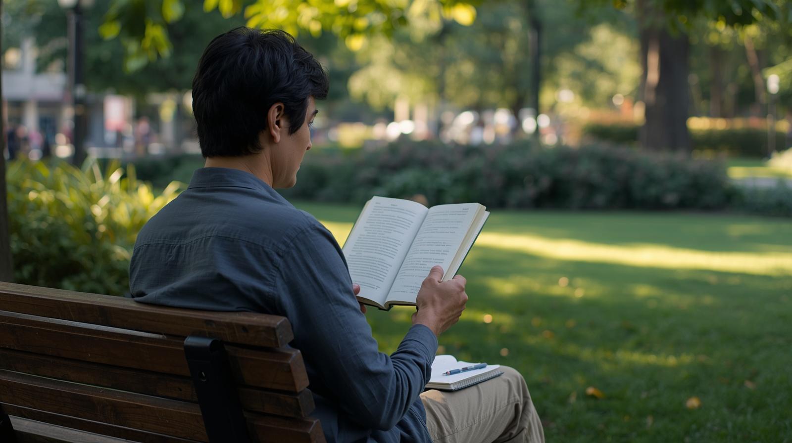 Pessoa sentada em banco de parque lendo livro com caderno no colo — aprender fora da sala de aula com presença e foco