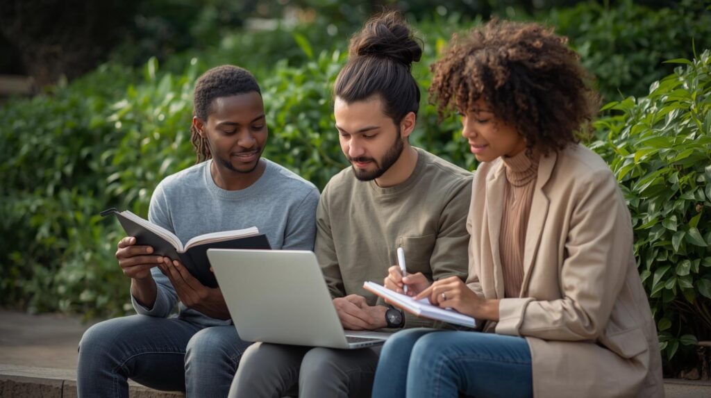 Três jovens de etnias diferentes estudando juntos ao ar livre com livro, caderno e laptop — aprendizado colaborativo