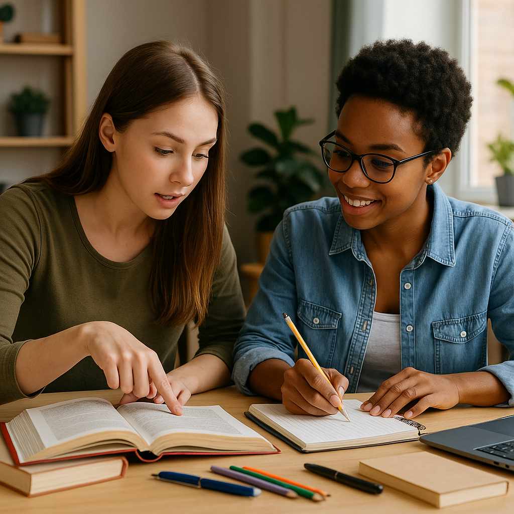 Uma mulher jovens com cabelos castanhos longos e uma mulher com cabelos curtos e cacheados estudam juntas em uma mesa bem iluminada. A primeira aponta para um livro aberto enquanto a outra escreve em um caderno. Ao redor, há laptop, canetas e livros em um ambiente de estudo acolhedor com plantas ao fundo.