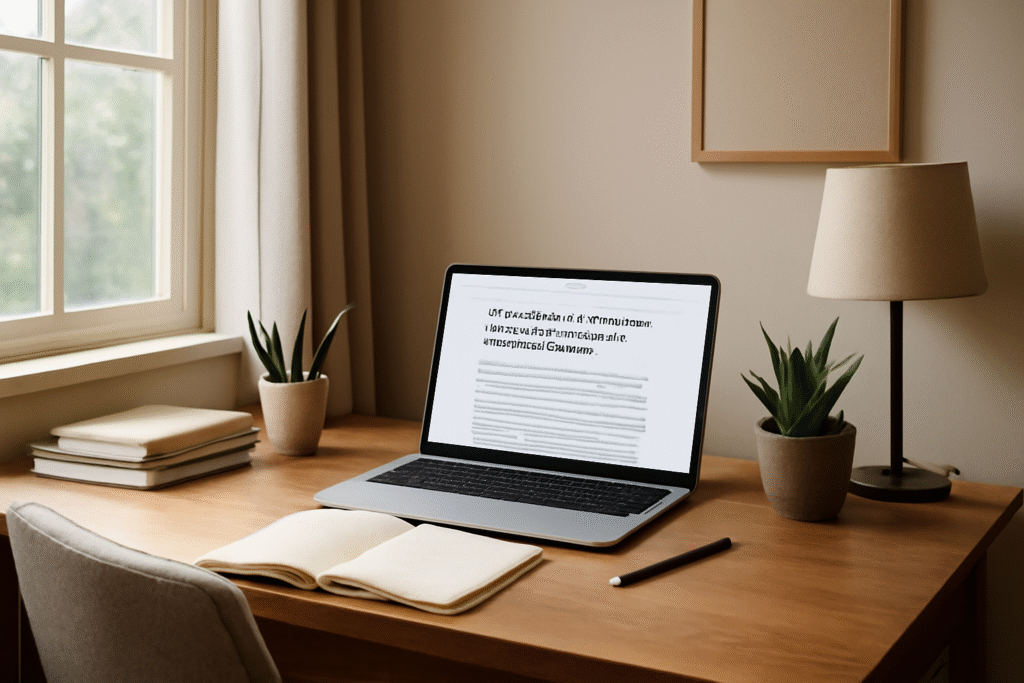 A imagem mostra um espaço de estudo moderno e organizado, com uma mesa de trabalho limpa, uma cadeira confortável, uma luminária de mesa e um laptop. O ambiente é bem iluminado, com plantas decorativas e uma parede minimalista, criando um ambiente calmo e propício para o foco e aprendizado.