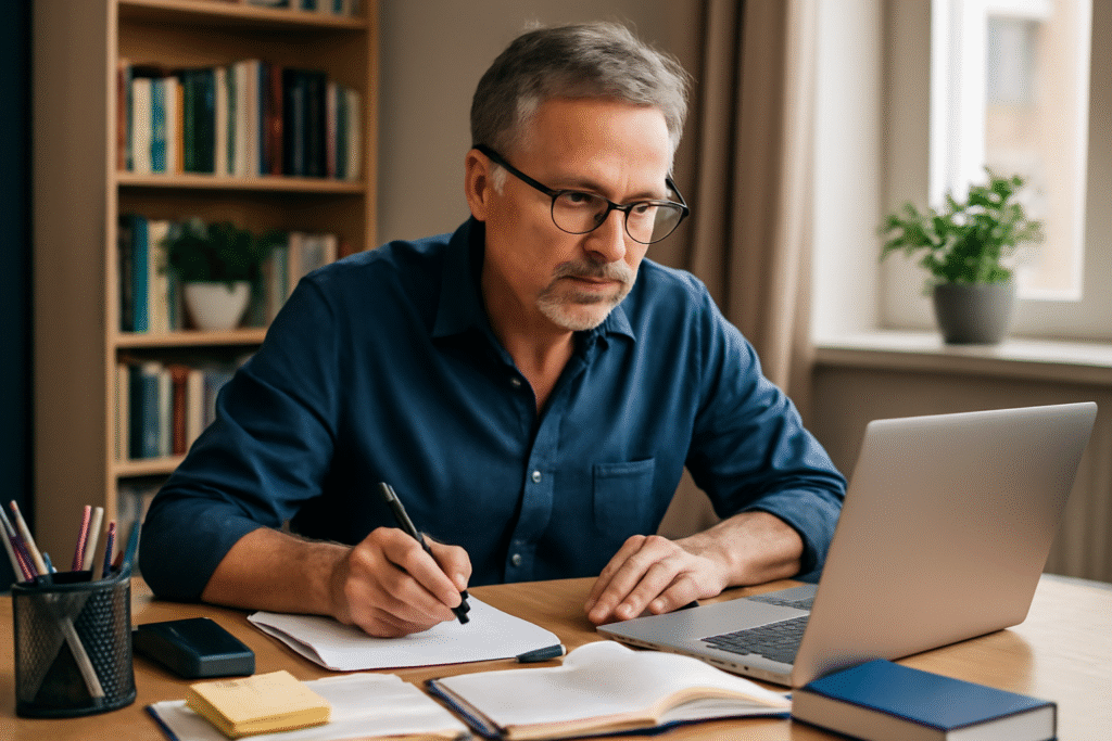 Um homem de meia-idade com cabelo grisalho está sentado em uma mesa de madeira organizada em um espaço de estudo bem iluminado, concentrado na tela do laptop enquanto escreve anotações em um caderno. O ambiente é acolhedor, com uma pilha de livros, canetas e uma planta ao fundo, proporcionando um espaço favorável para o aprendizado e crescimento pessoal.
