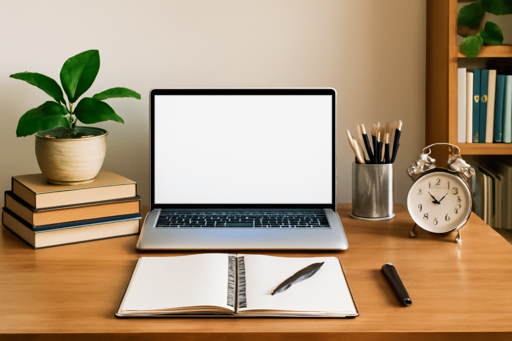 Um espaço de estudo minimalista com uma mesa de madeira, um laptop, um caderno aberto, uma planta e itens de papelaria como canetas, lápis e um relógio despertador vintage, perfeito para um ambiente produtivo.