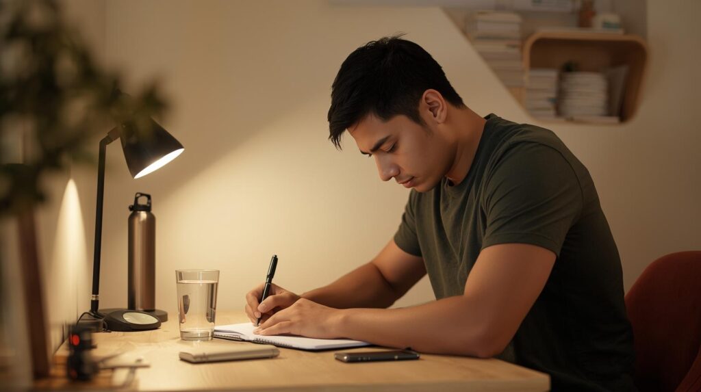 Jovem estudante em rotina de estudo com foco e concentração, escrevendo em caderno sob luz de luminária com celular virado sobre a mesa