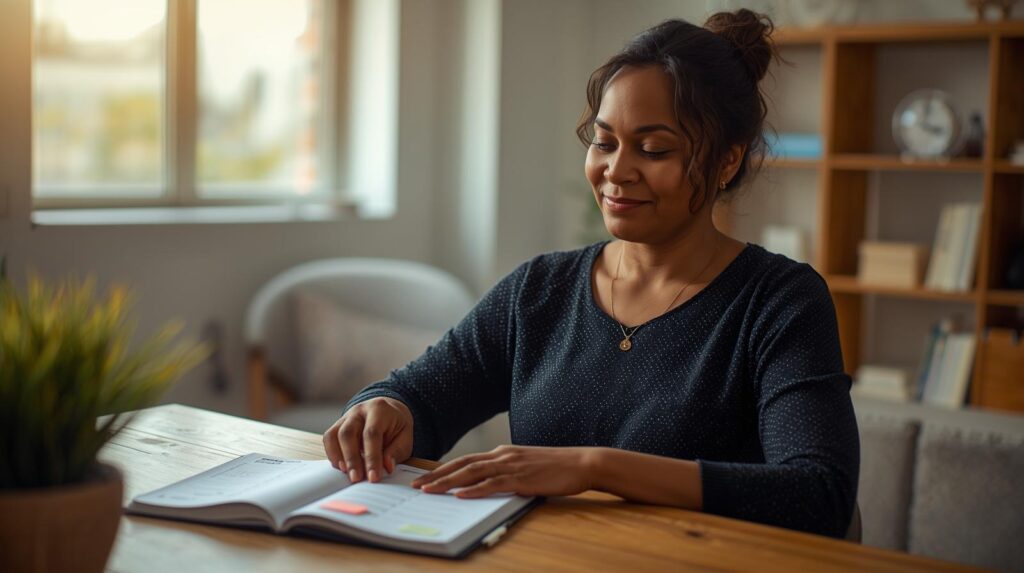 Mulher adulta revisando planejamento de estudos com expressão de satisfação e progresso, agenda aberta com anotações organizadas sobre a mesa