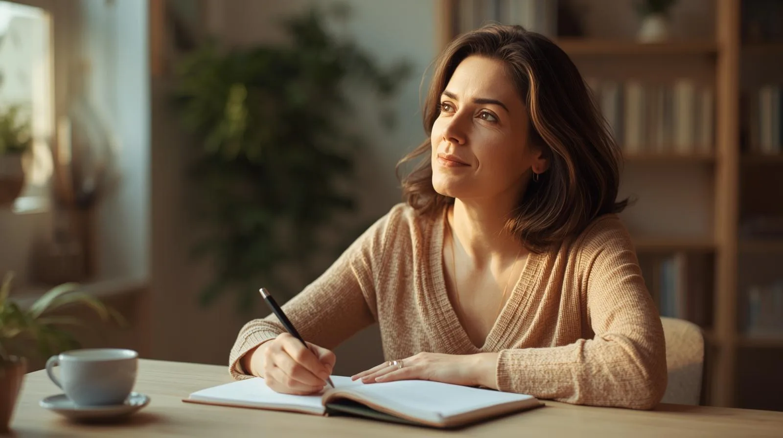 Mulher adulta em rotina de estudo reflexiva, com caderno aberto e caneta na mão, olhar direcionado para cima em postura pensativa