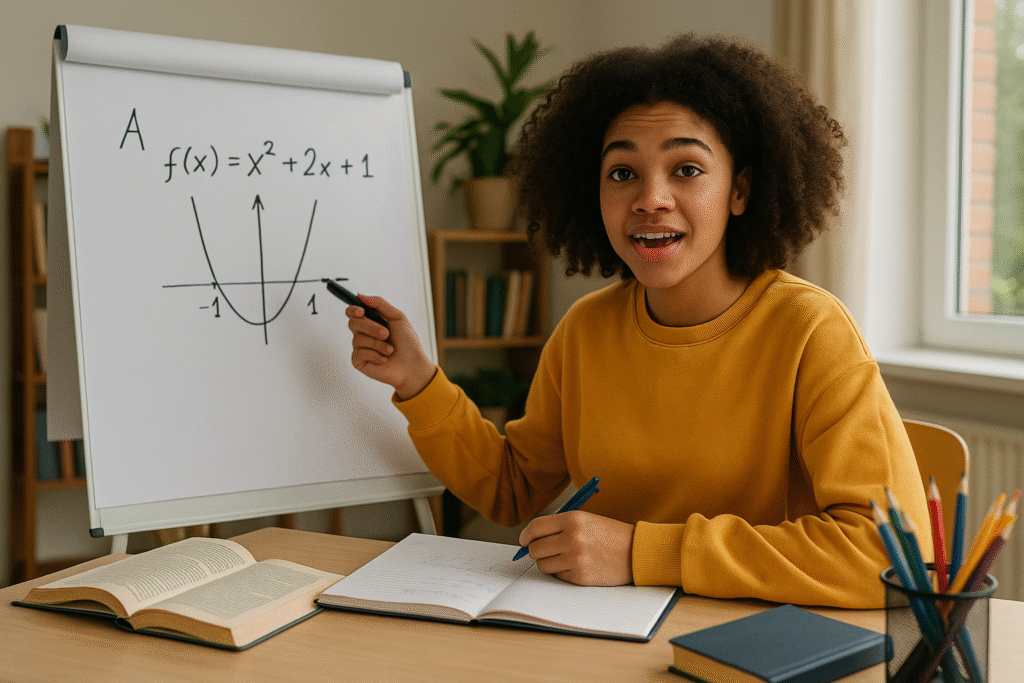 Jovem estudante explicando uma equação quadrática em um flip-chart, sorrindo enquanto ensina em um ambiente claro e organizado, com livros abertos, caderno e lápis coloridos sobre a mesa.