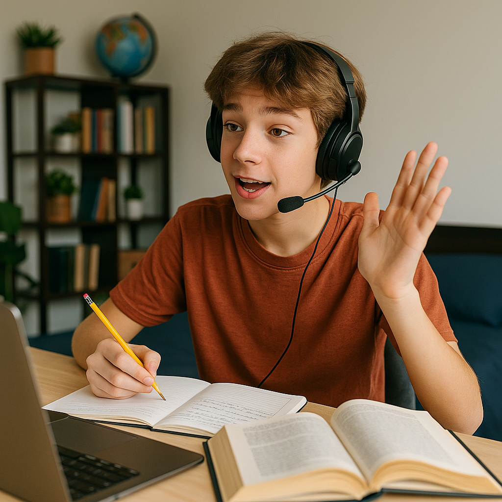 Adolescente com cabelo castanho claro e fones de ouvido com microfone, participando de uma aula online. Ele segura um lápis enquanto fala e anota em seu caderno, cercado por livros abertos em um ambiente de estudo bem iluminado e com prateleiras ao fundo.