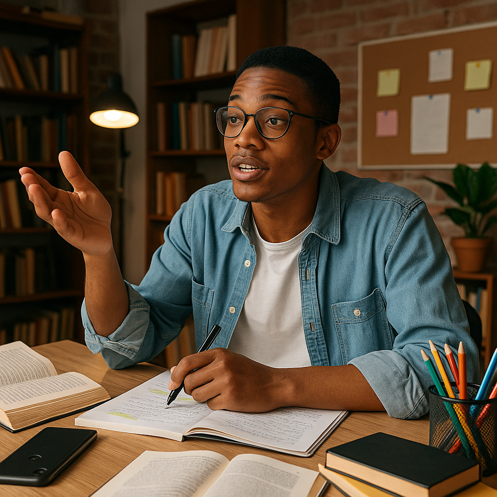 Jovem homem de aproximadamente 25 anos, com óculos e expressão concentrada, sentado em uma mesa de madeira cercada por livros, cadernos e lápis coloridos. Ele gesticula enquanto estuda em um ambiente acolhedor com prateleiras de livros e plantas ao fundo.