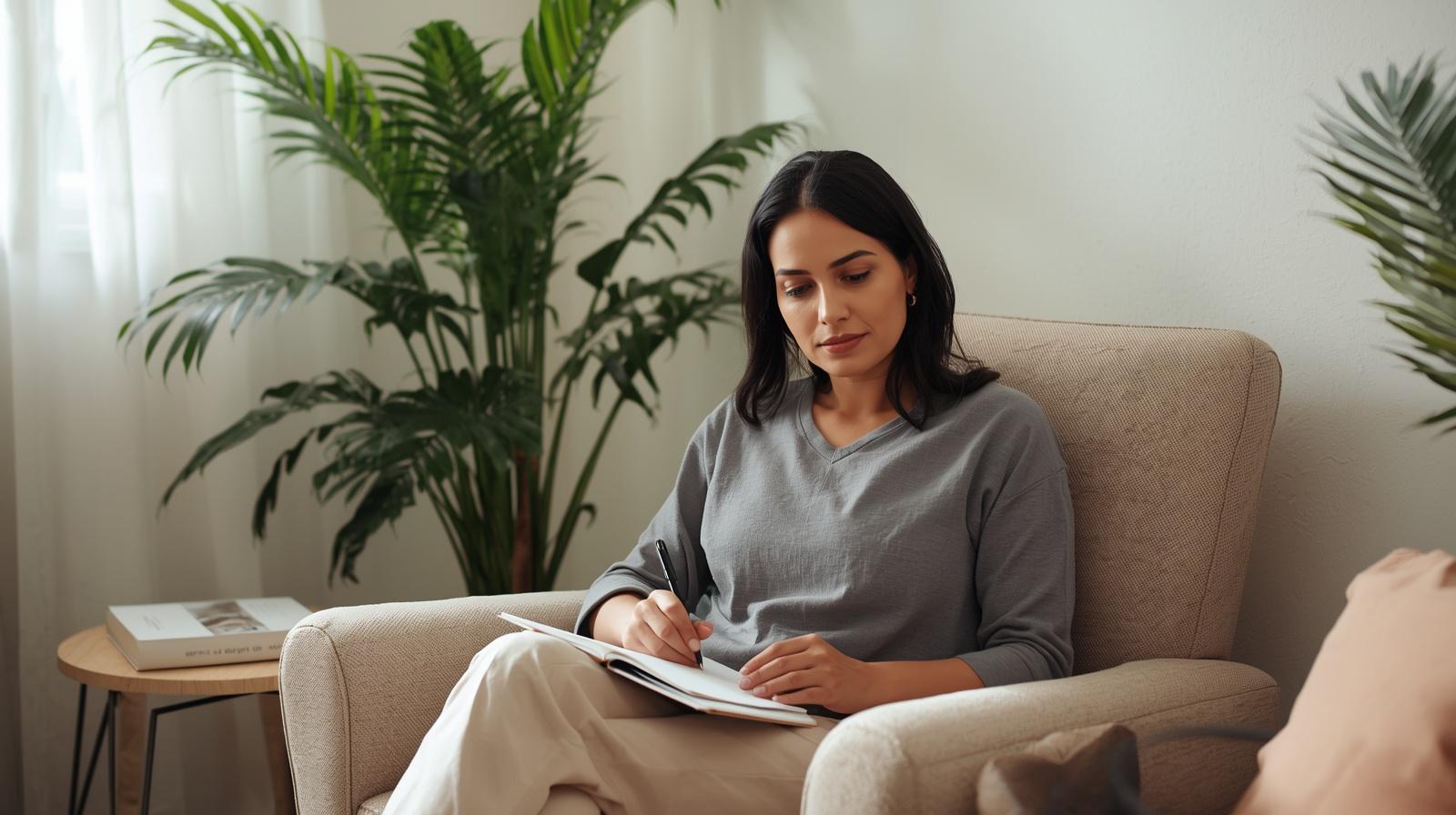 Mulher anotando em caderno na poltrona com plantas ao fundo — aprendizado contínuo como prática na vida cotidiana