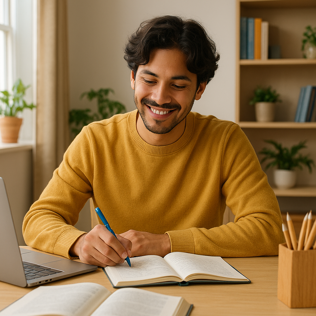 Homem jovem de pele morena e cabelos ondulados escuros, sorrindo enquanto escreve em um caderno sobre uma mesa com livros abertos, laptop e porta-lápis. Ele está em um ambiente de estudo bem iluminado por luz natural, com plantas e estante ao fundo, transmitindo foco e conforto.