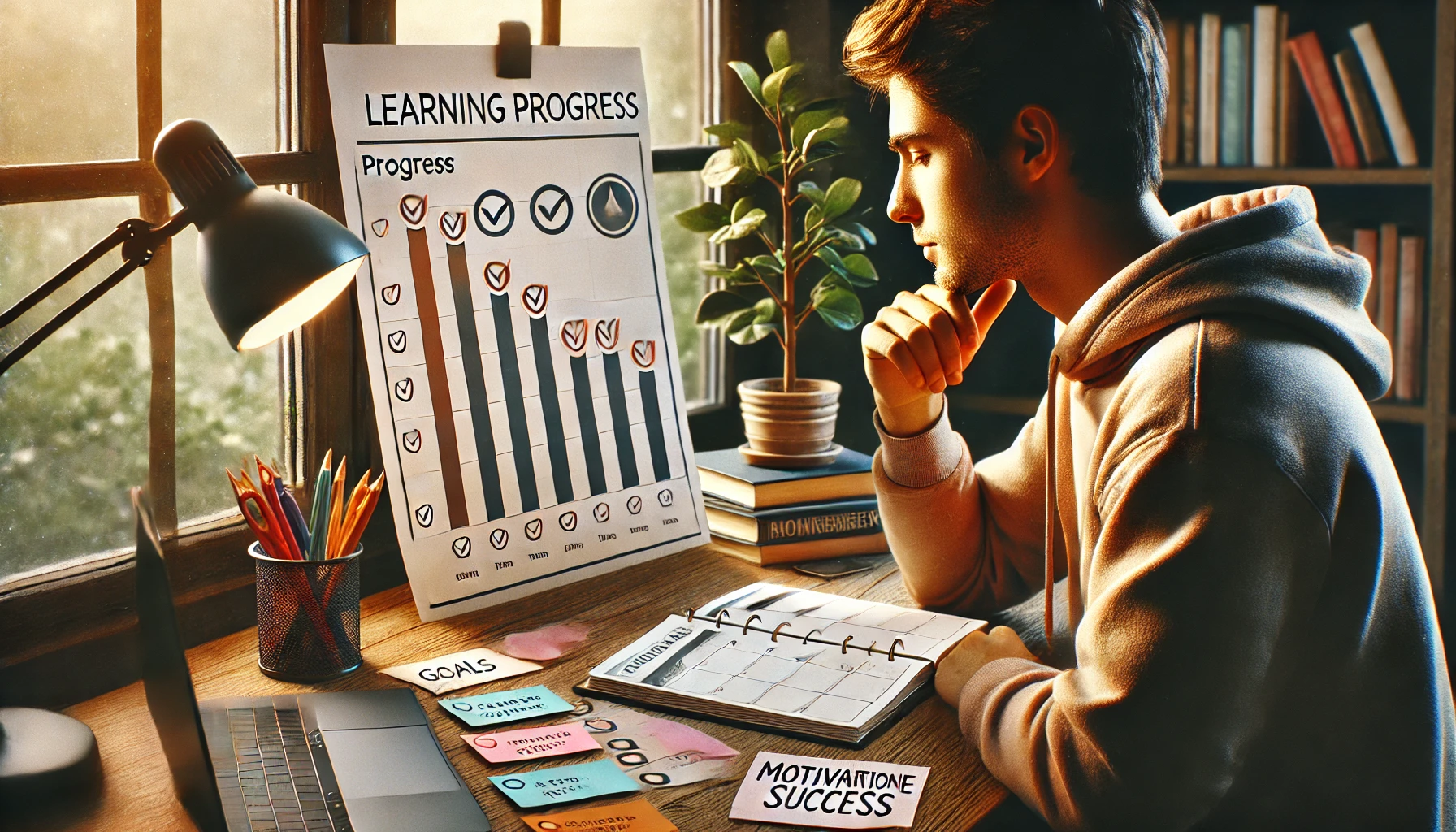 Imagem ilustrando a medição do progresso no aprendizado, com gráficos e ferramentas de estudo para avaliar a eficácia do processo de aprendizagem.