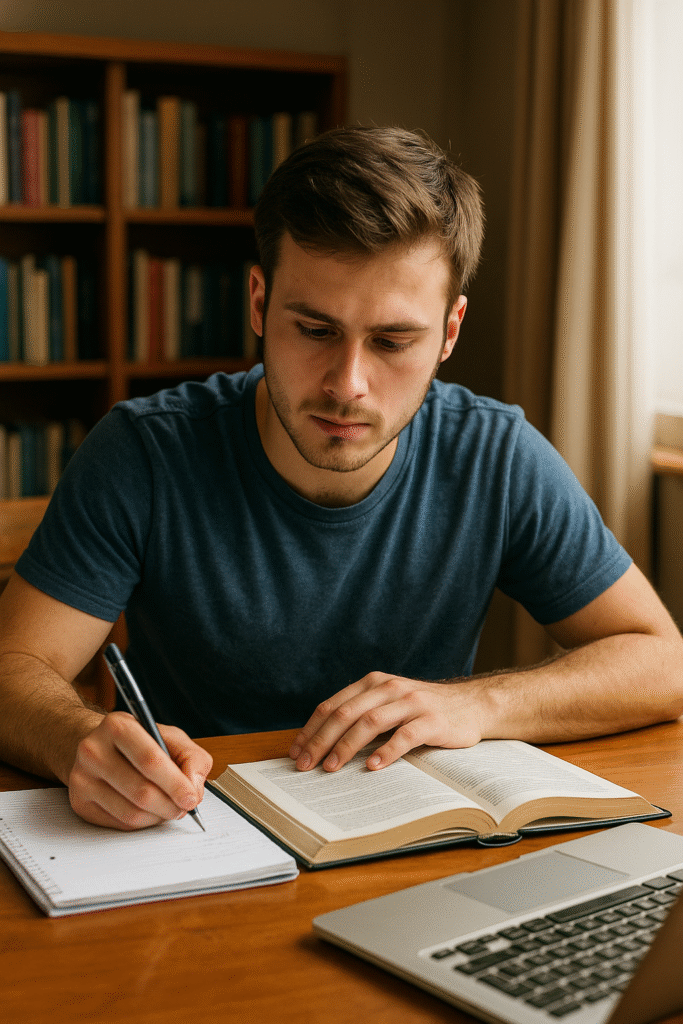 Jovem estudante universitário de cerca de 20 anos, sentado em uma mesa de madeira em frente a uma estante de livros, escrevendo em um caderno enquanto consulta um livro aberto e um notebook, em um ambiente iluminado por luz natural.
