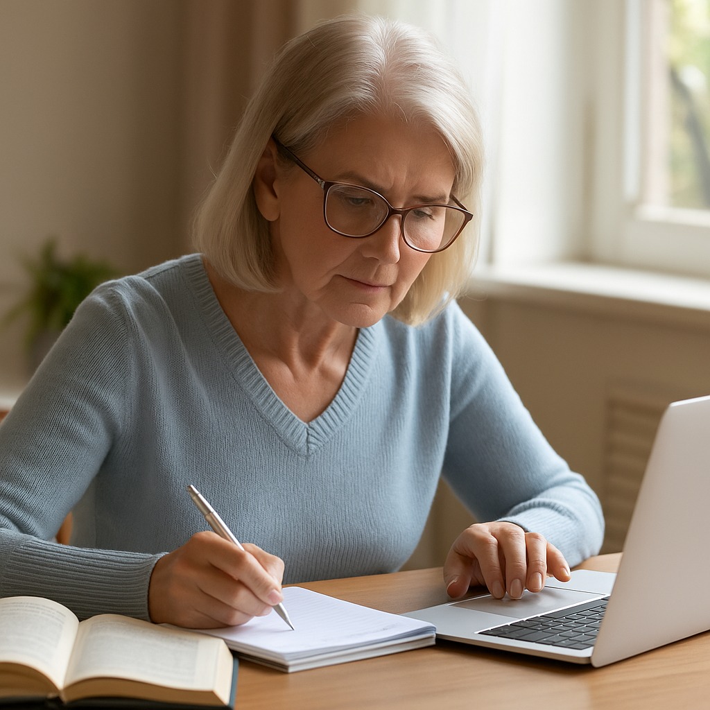 Uma mulher idosa, de cabelos grisalhos e óculos, estuda concentrada em uma mesa com um notebook aberto, um caderno e um livro, em um ambiente iluminado pela luz natural de uma janela.