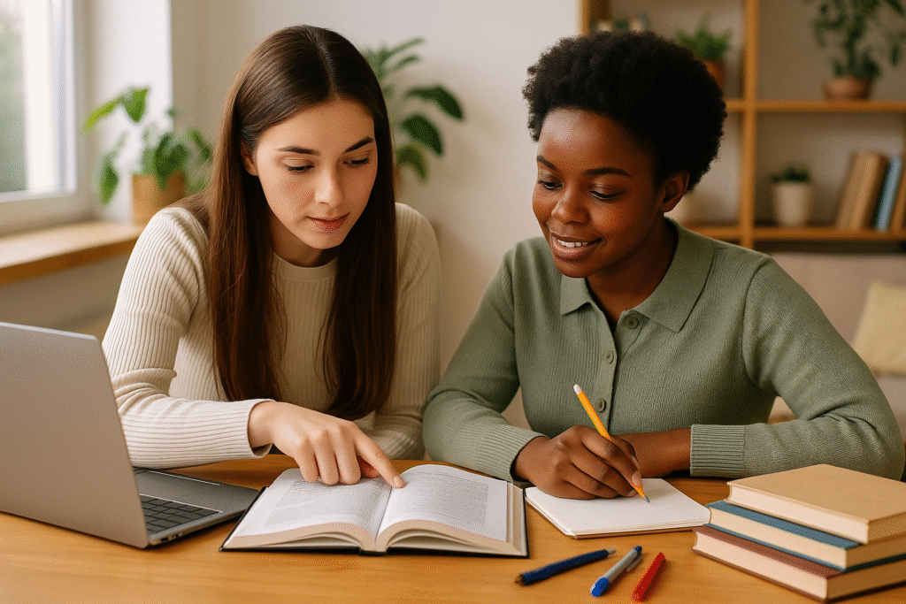 Duas jovens mulheres estudam juntas em uma mesa de madeira clara. A mulher de cabelos longos aponta para um livro aberto enquanto a mulher de cabelo curto encaracolado escreve em um caderno. Ambas estão concentradas, cercadas por livros, canetas e um notebook, em um ambiente de estudo iluminado com estante e plantas ao fundo.