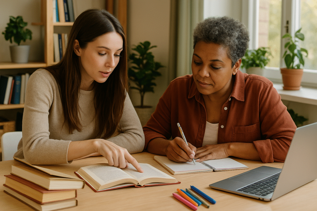 Duas mulheres estudam juntas em uma sala iluminada por luz natural. Uma mulher jovem de cabelos castanho-claros aponta para um livro aberto, enquanto uma mulher mais velha, com cabelo grisalho e camisa terracota, escreve em um caderno. O ambiente é acolhedor, com plantas, estante, livros empilhados e um notebook sobre a mesa.