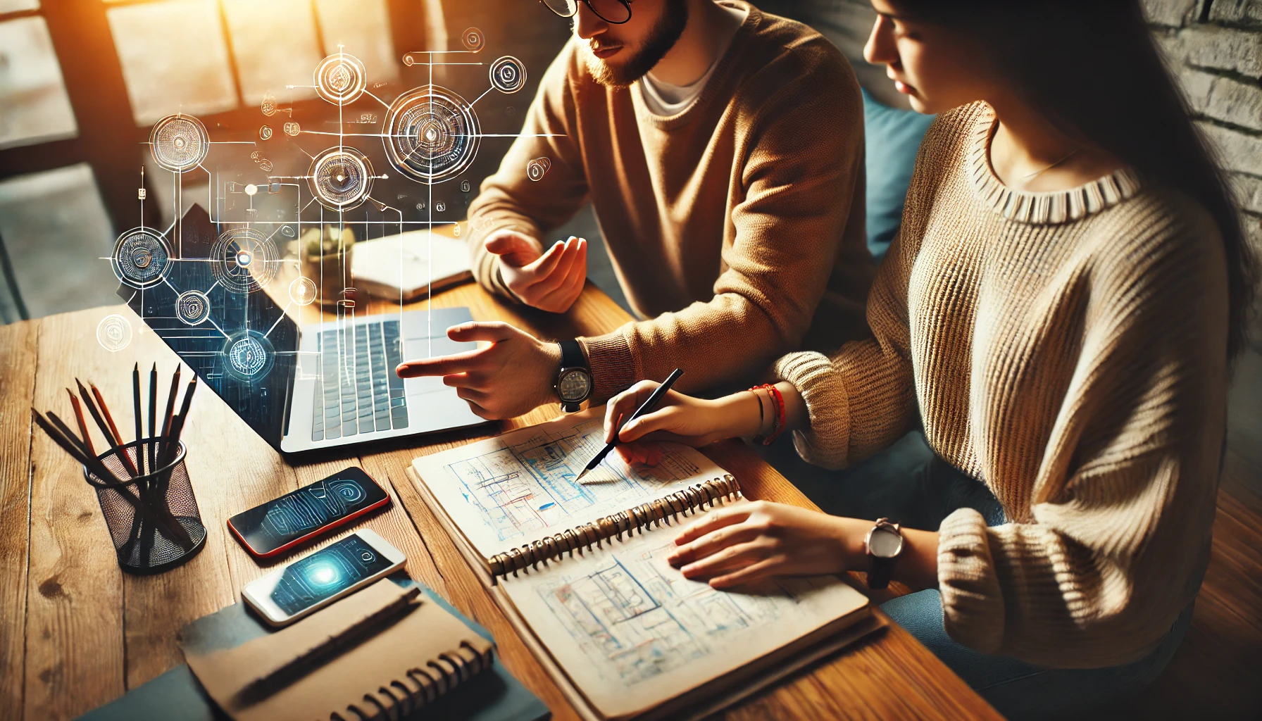 Dois estudantes, um homem e uma mulher, estão trabalhando juntos em uma mesa de estudo, usando um laptop e discutindo sobre o conteúdo de um caderno. A imagem tem elementos gráficos de tecnologia no fundo, simbolizando o aprendizado e o uso de ferramentas digitais.