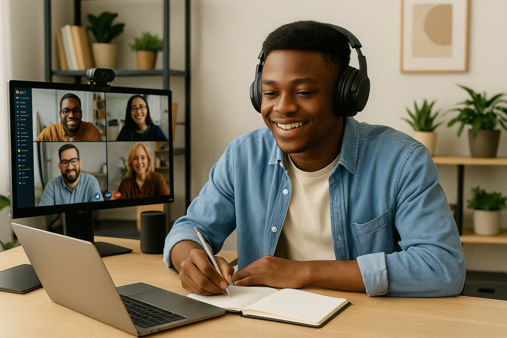 Um jovem estudante, com cerca de 20 anos, sorri enquanto participa de uma videochamada com quatro pessoas. Ele está em um ambiente de estudo moderno, usando fones de ouvido, com um notebook e caderno à frente, demonstrando engajamento em um aprendizado colaborativo online.