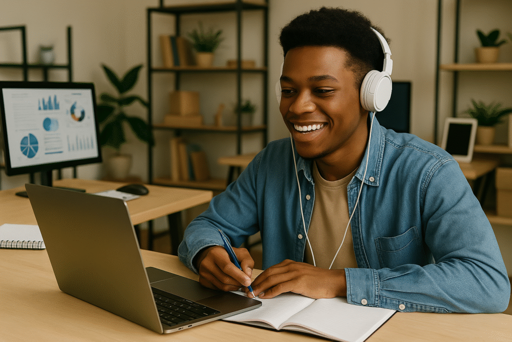 Um jovem estudante de aproximadamente 20 anos sorri enquanto participa de uma reunião online. Ele está em um ambiente moderno com notebook, fones de ouvido e caderno sobre a mesa, demonstrando envolvimento em um estudo colaborativo virtual com recursos tecnológicos.