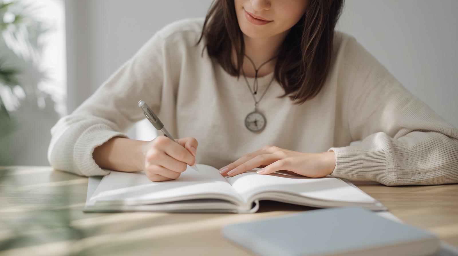 Estudante jovem com caderno aberto praticando aprendizagem ativa em ambiente doméstico com luz natural