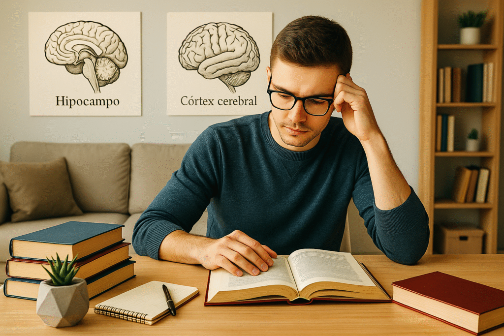 Jovem concentrado lendo em uma mesa organizada, com livros empilhados, caderno e planta decorativa, em ambiente de estudo iluminado.