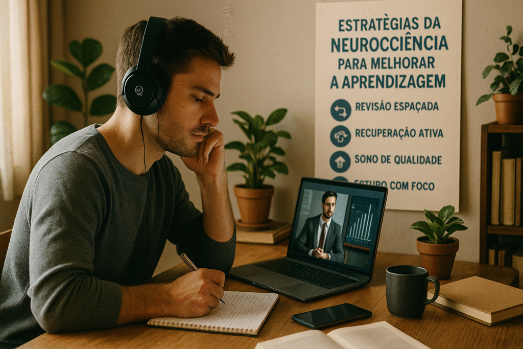 Jovem estudando em ambiente moderno e organizado, sentado à mesa com livros, caderno e notebook, concentrado na leitura de anotações.