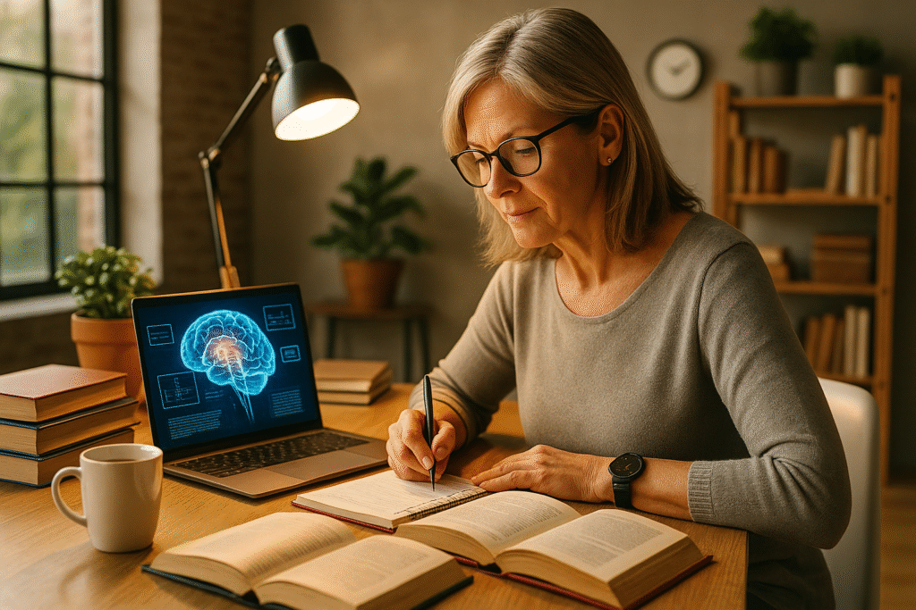 Mulher de meia-idade estudando concentrada em ambiente iluminado, com livros abertos e ilustração de cérebro em tela de notebook.