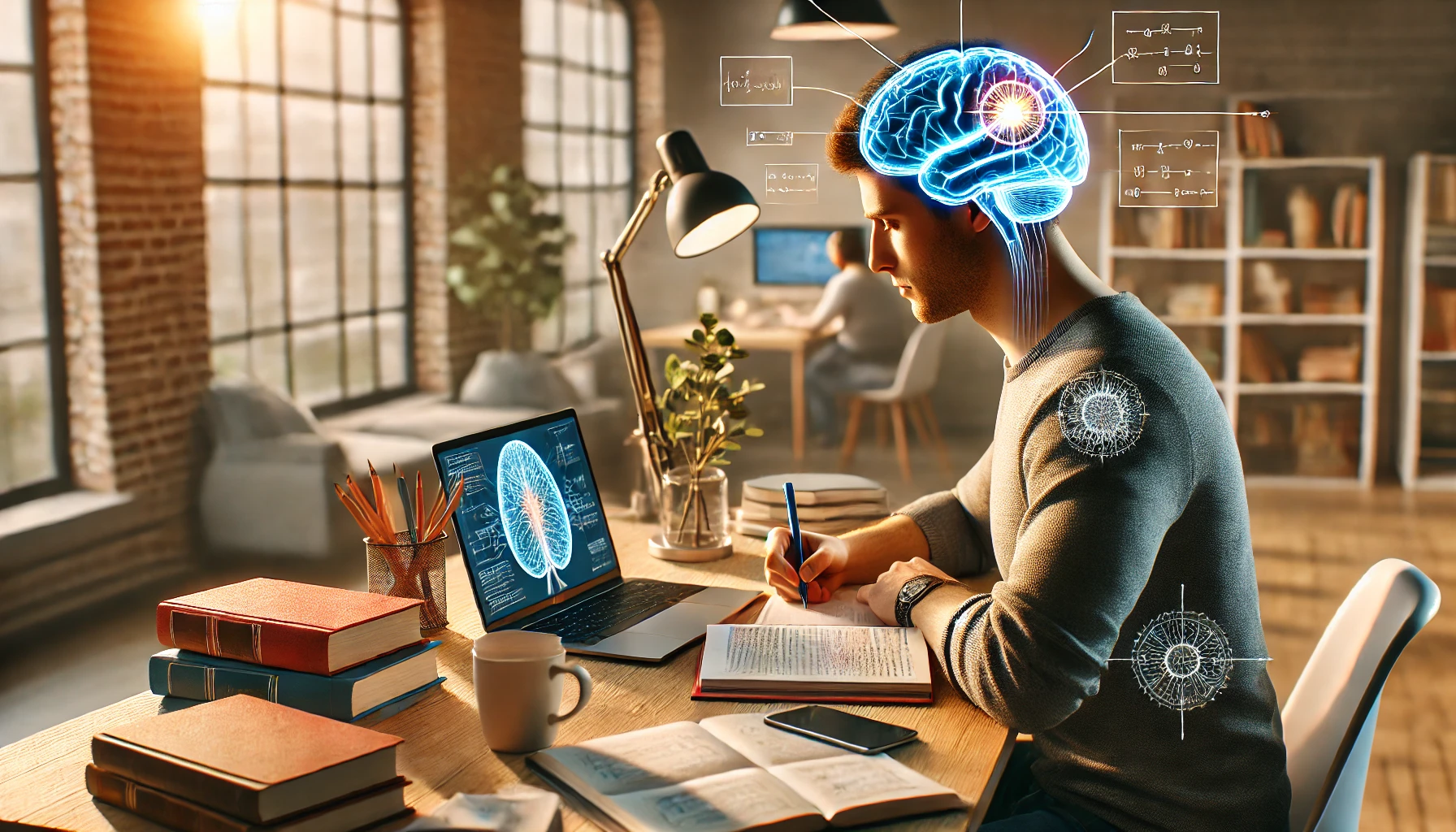Homem estudando concentrado em um ambiente moderno com representações digitais do cérebro e conexões neurais sobrepostas à cena.
