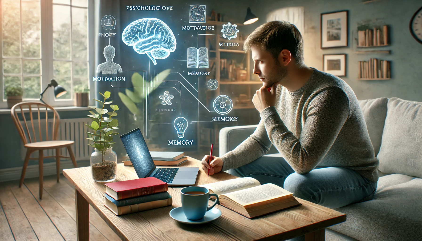 Jovem estudando em um ambiente moderno, com livros, laptop e uma xícara de café, enquanto visualiza informações sobre psicologia, memória e motivação em hologramas digitais.