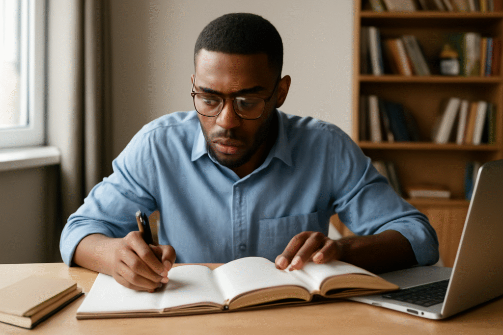 Um homem jovem, de pele negra e cabelo curto, está em um ambiente de estudo minimalista, sentado em uma cadeira confortável. Ele usa um notebook e está escrevendo em um caderno. O espaço é silencioso e bem iluminado, com uma mesa limpa e organizada, ideal para estudo.