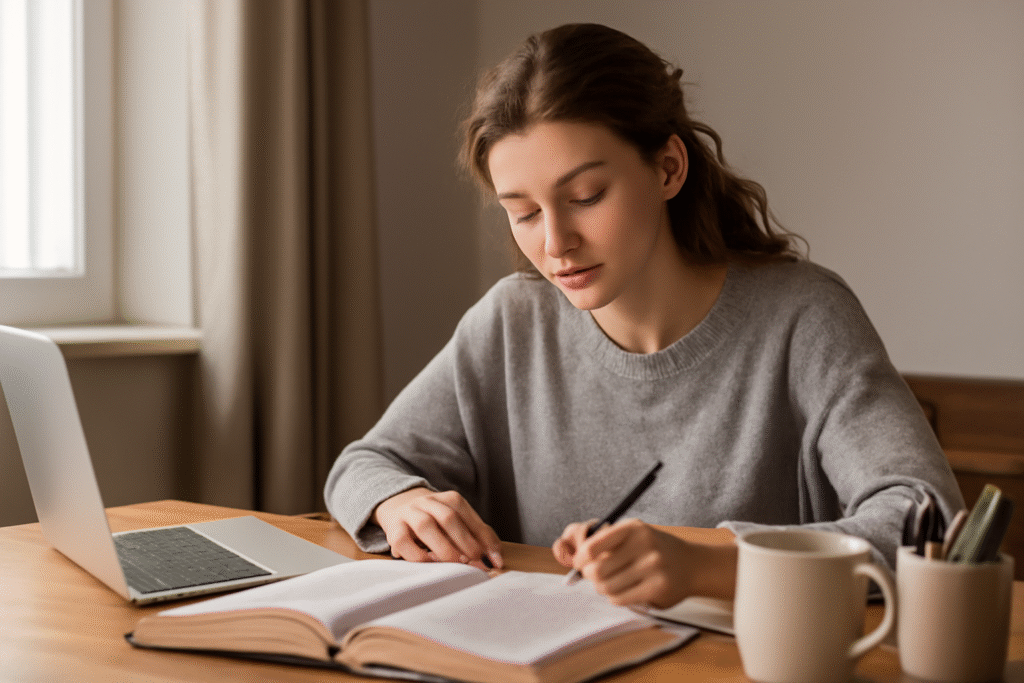 Uma mulher jovem, de pele clara e cabelo ondulado, está em um ambiente de estudo em casa. Ela usa um laptop e escreve anotações em um caderno. O espaço é moderno e confortável, com livros e materiais de estudo ao redor, proporcionando um ambiente produtivo e focado para o aprendizado.