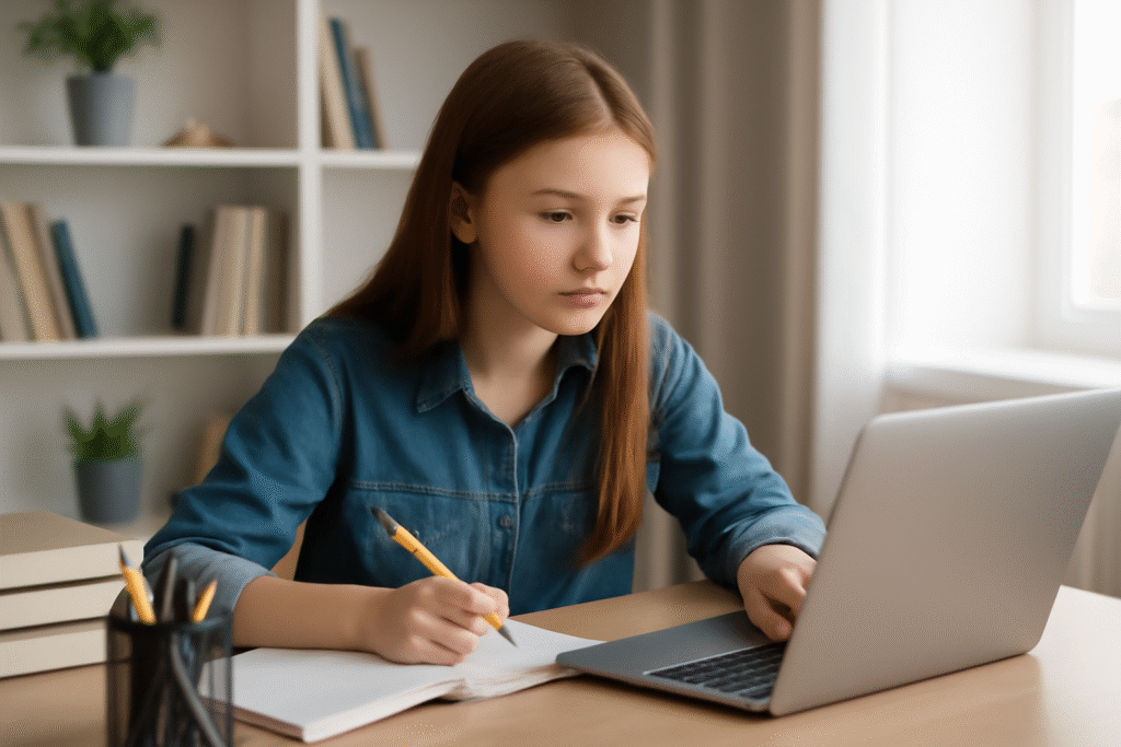 Uma adolescente de pele clara e cabelo castanho liso está concentrada em seus estudos em um ambiente minimalista de estudo. Ela está sentada em uma mesa de madeira clara, com um laptop aberto à sua frente, fazendo anotações em um caderno. A luz natural entra pela janela, iluminando seu rosto e criando um ambiente calmo e produtivo, com uma estante simples e organizada ao fundo.