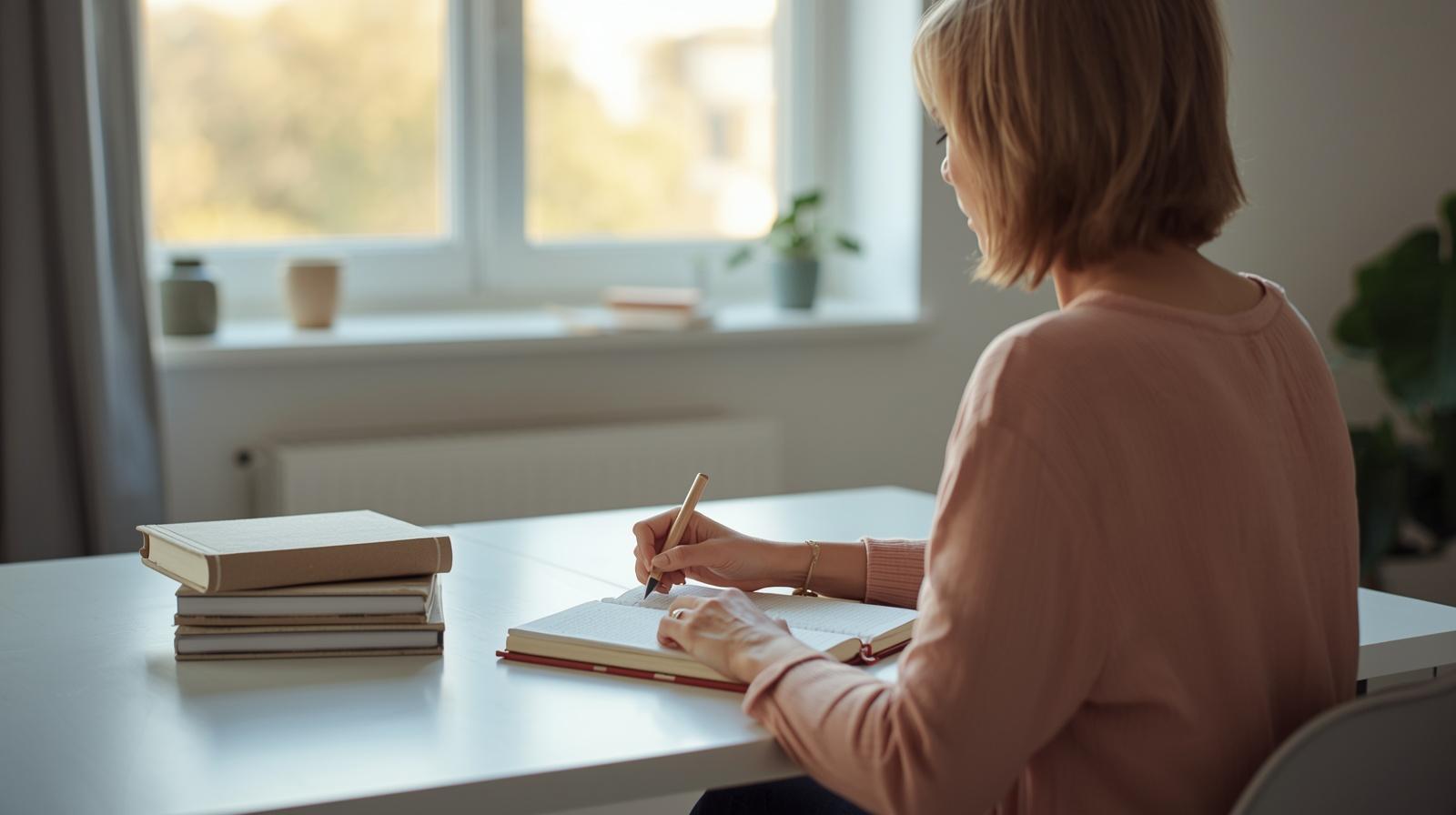 Mulher estudando em ambiente doméstico com luz suave — psicologia e aprendizagem
