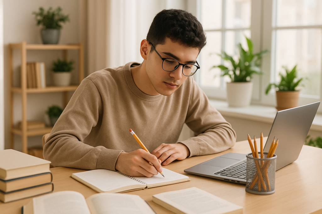 Jovem homem de pele clara e cabelos castanhos curtos, usando óculos e suéter bege, estudando concentrado em um caderno sobre uma mesa de madeira. Ao seu redor há livros abertos, laptop e porta-lápis, em um ambiente iluminado por luz natural com plantas e estante ao fundo, transmitindo foco e tranquilidade.