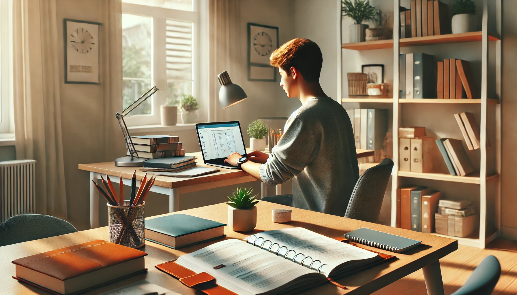 Estudante concentrado em ambiente de estudo bem iluminado por luz natural, cercado por livros, cadernos, lápis e um notebook aberto. A mesa organizada e a decoração com plantas reforçam um clima de foco e produtividade.
