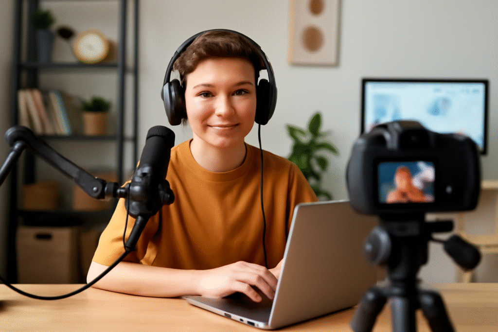 Adolescente de cabelo curto castanho, com fones de ouvido, sorrindo em frente a um laptop e microfone condensador, gravando conteúdo em vídeo. O cenário tem plantas, estante de livros e um monitor ao fundo, transmitindo um ambiente moderno e organizado para produção de conteúdo digital.