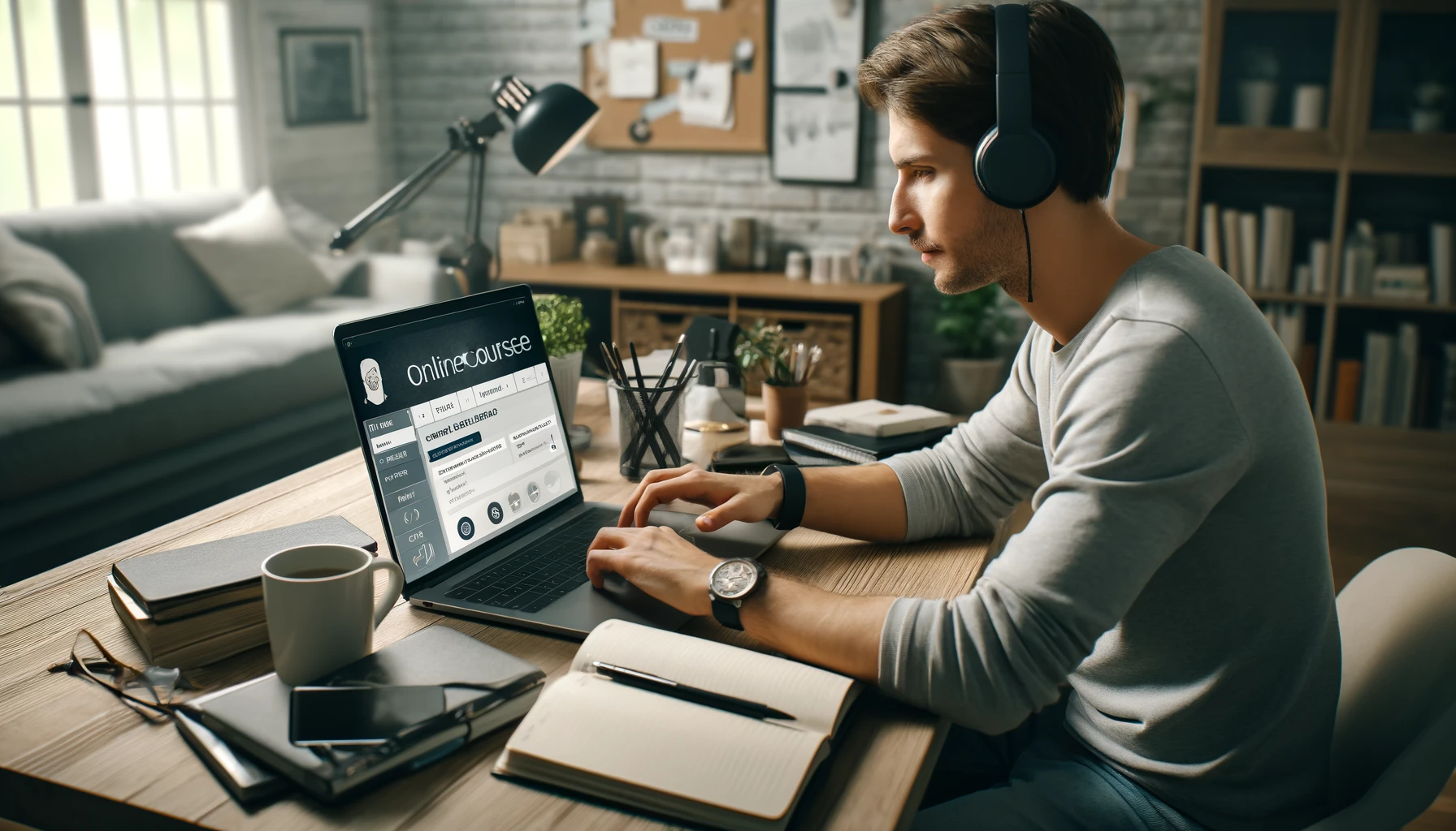 Imagem de uma pessoa estudando em um ambiente digital, com laptop, materiais de estudo e uma tela exibindo um curso online.