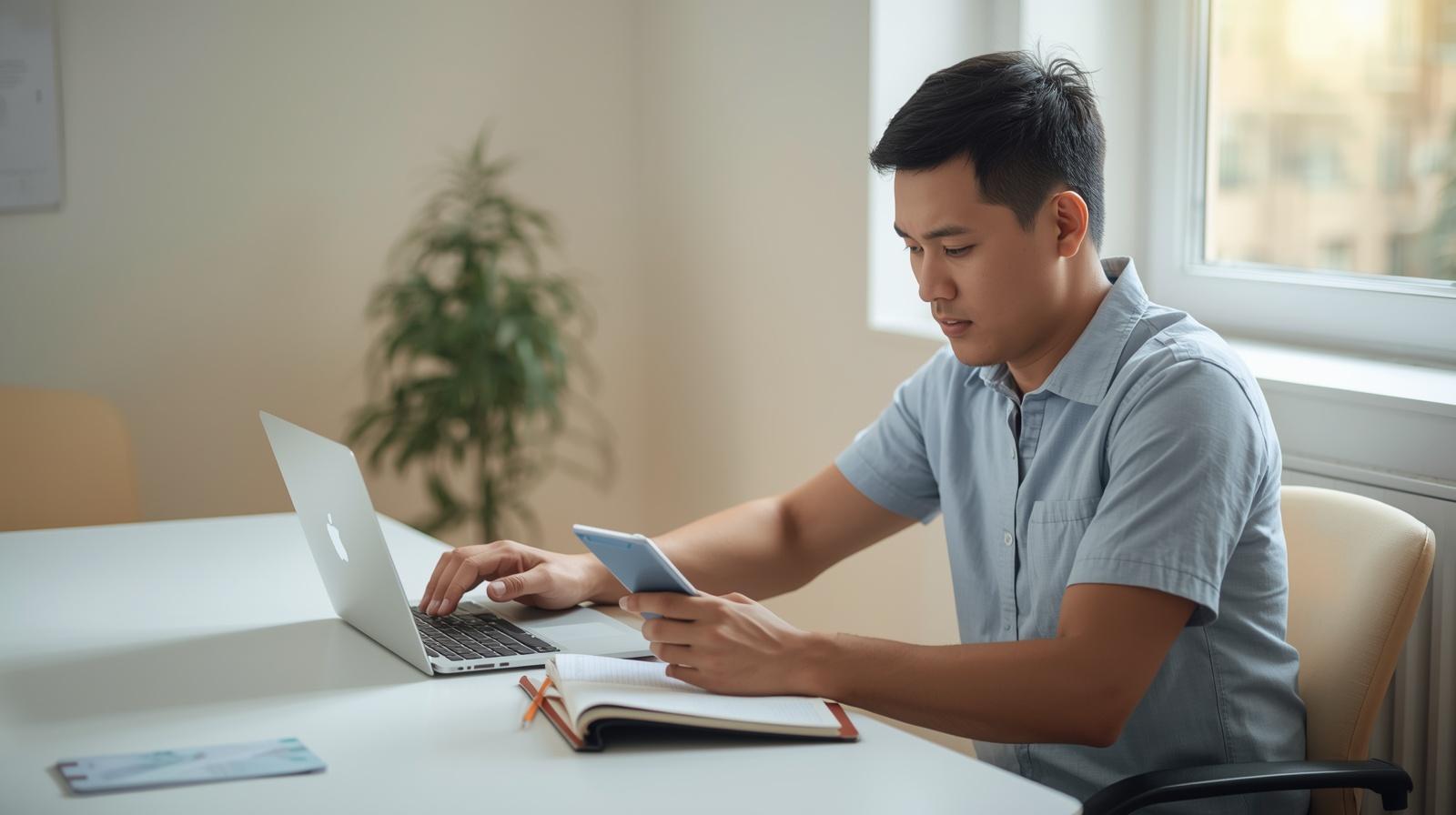 Pessoa estudando com laptop e caderno em ambiente organizado — ferramentas digitais na aprendizagem.