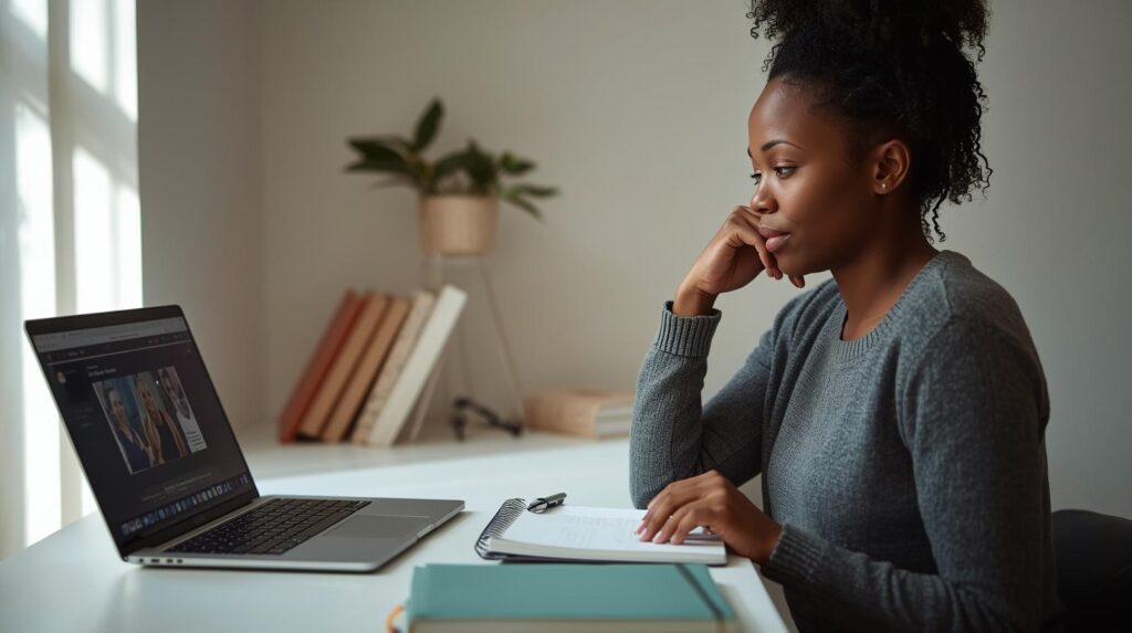 Estudante adulto estudando sozinho em ambiente doméstico tranquilo, utilizando laptop com vídeo de aula pausado enquanto revisa anotações em caderno